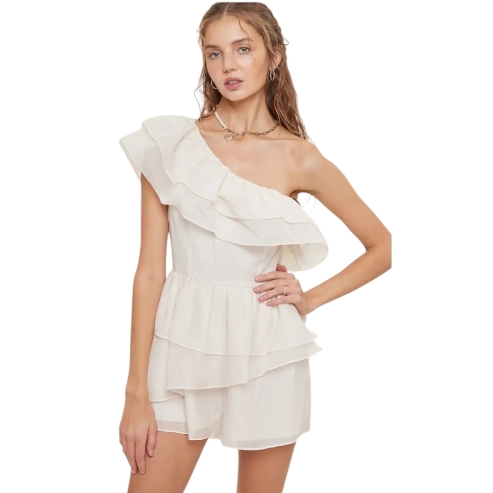 idem ditto | One Shoulder Ruffled Romper Designed with Organza | Size Medium